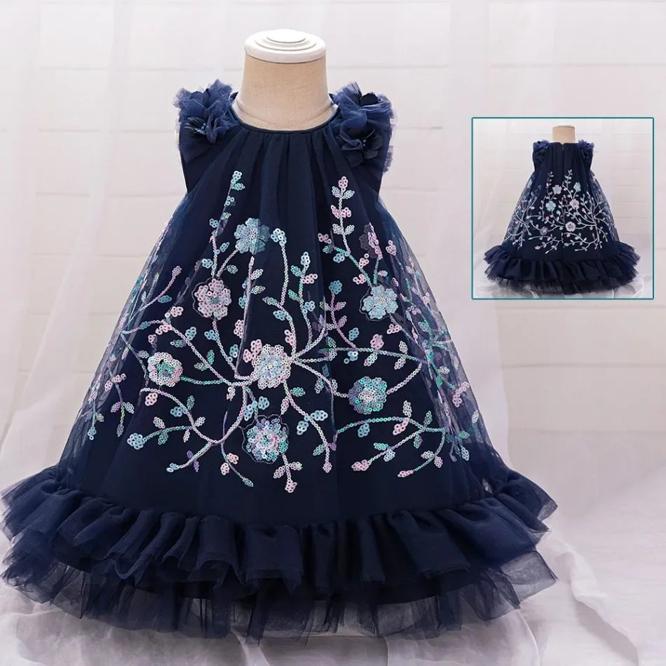 Girls Flower Embroidery Party Tutu Dress Kids Blue Christening Cosplay Dresses Girl Summer Fashion Clothes Children Holiday Wear