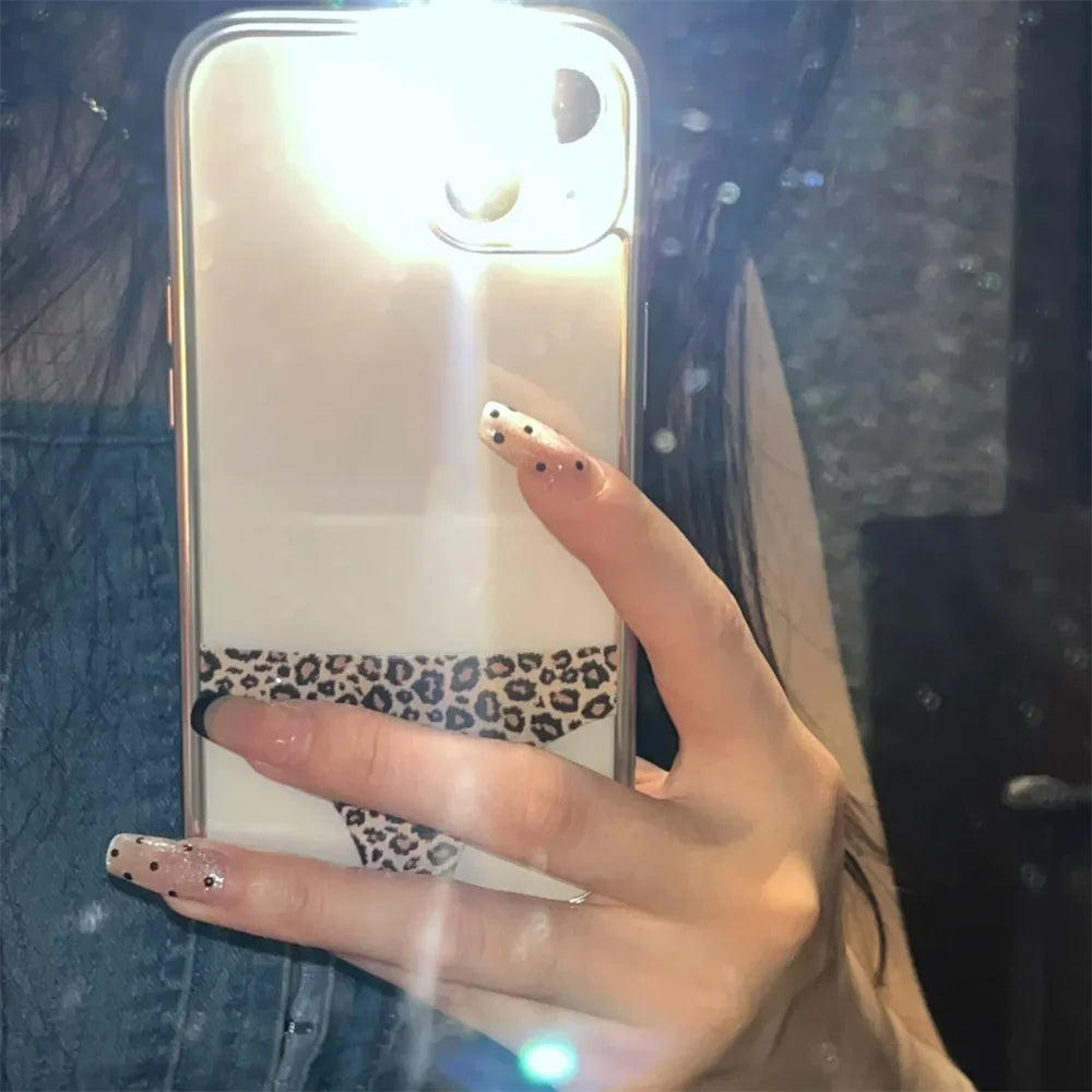 Funny Leopard Prints Panties Clear Phone Case For iPhone 16 15 13 14 Pro Max INS Creative Plating Frame Soft Silicone Cover