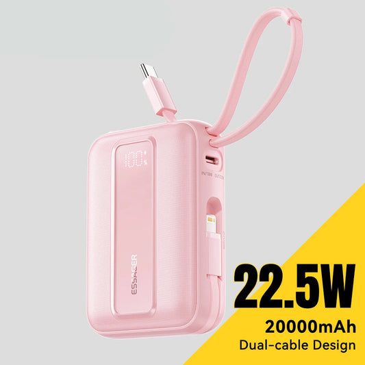 20000mAh Mini Power Bank 22.5W PD Fast Charging Portable Charger with Built-in Cables & Digital Display