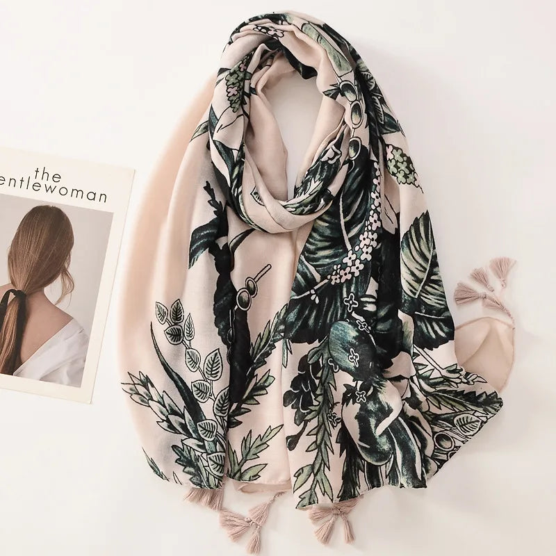 Beige Coffee Scarf Luxury Thin Women Scarves Spring Floral Hijab Veils Soft Cotton Shawl Wrap Tassel Viscose Muslim Woman Hijab