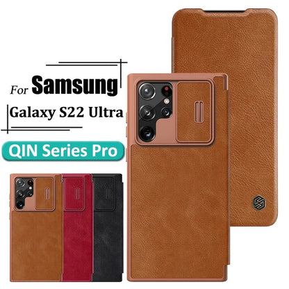 QIN Pro PU Leather Case For Samsung S22 Ultra Plus Flip Camera Slider 360° All-inclusive Shockproof Phone Cover