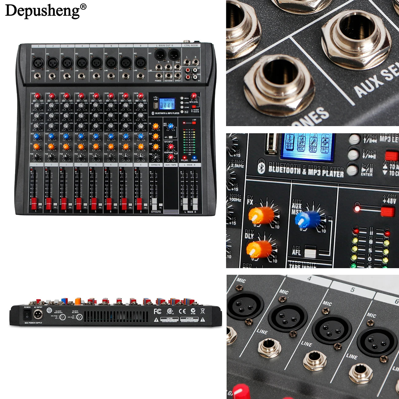 8 Channel Audio Mixer With Bluetooth USB PC Recording And 48V Phantom Power