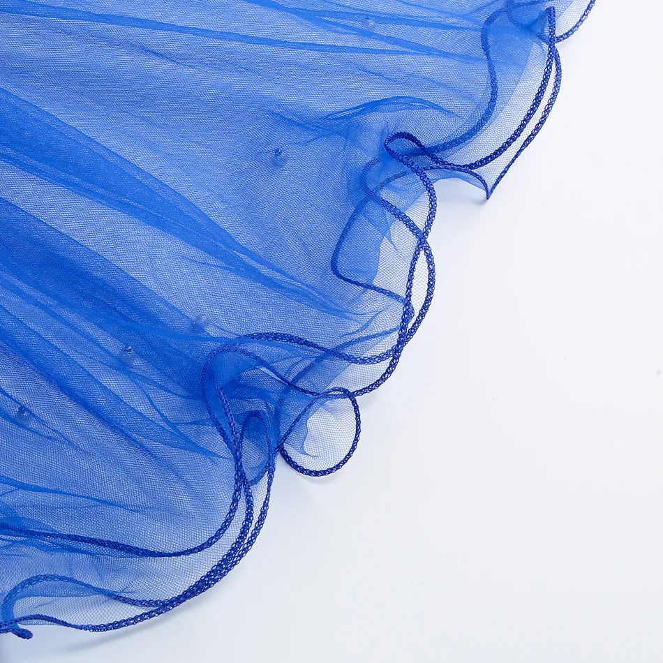 Christmas Halloween Blue Ball Gown - Girls Pearl-Embellished Tulle Dress with Lace Sleeves Princess Birthday Party Dress for Kid