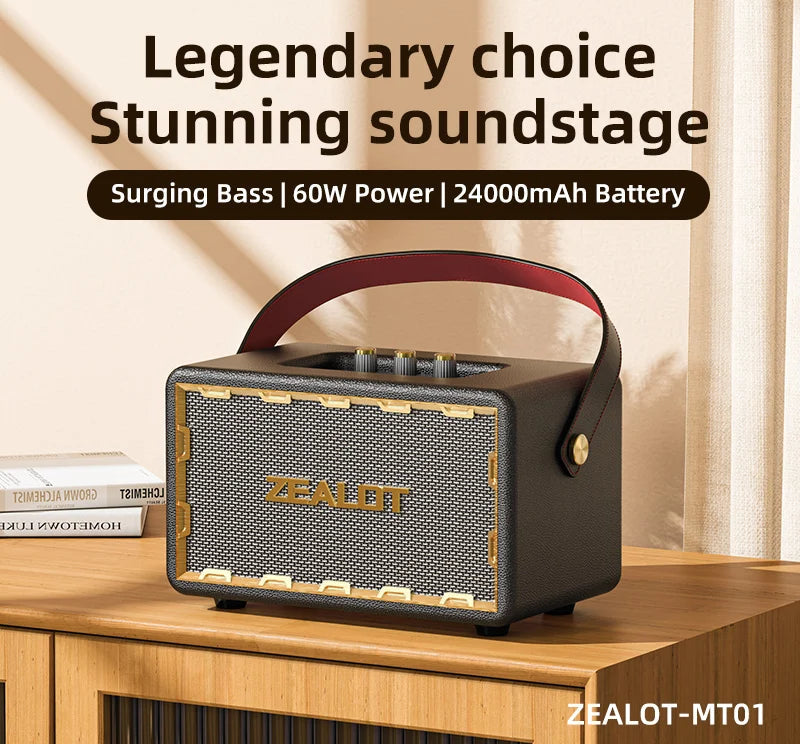 Retro Wooden Portable Wireless Speaker with TF Card Slot, Loud Bass Subwoofer, TWS Bluetooth Speaker, 24000mAh, 60W