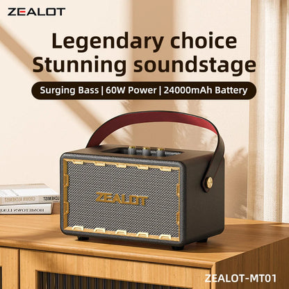 ZEALOT-MT01 Retro Wooden Portable Wireless Speaker with TF Card Slot, Loud Bass Subwoofer, TWS Bluetooth Speaker, 24000mAh, 60W