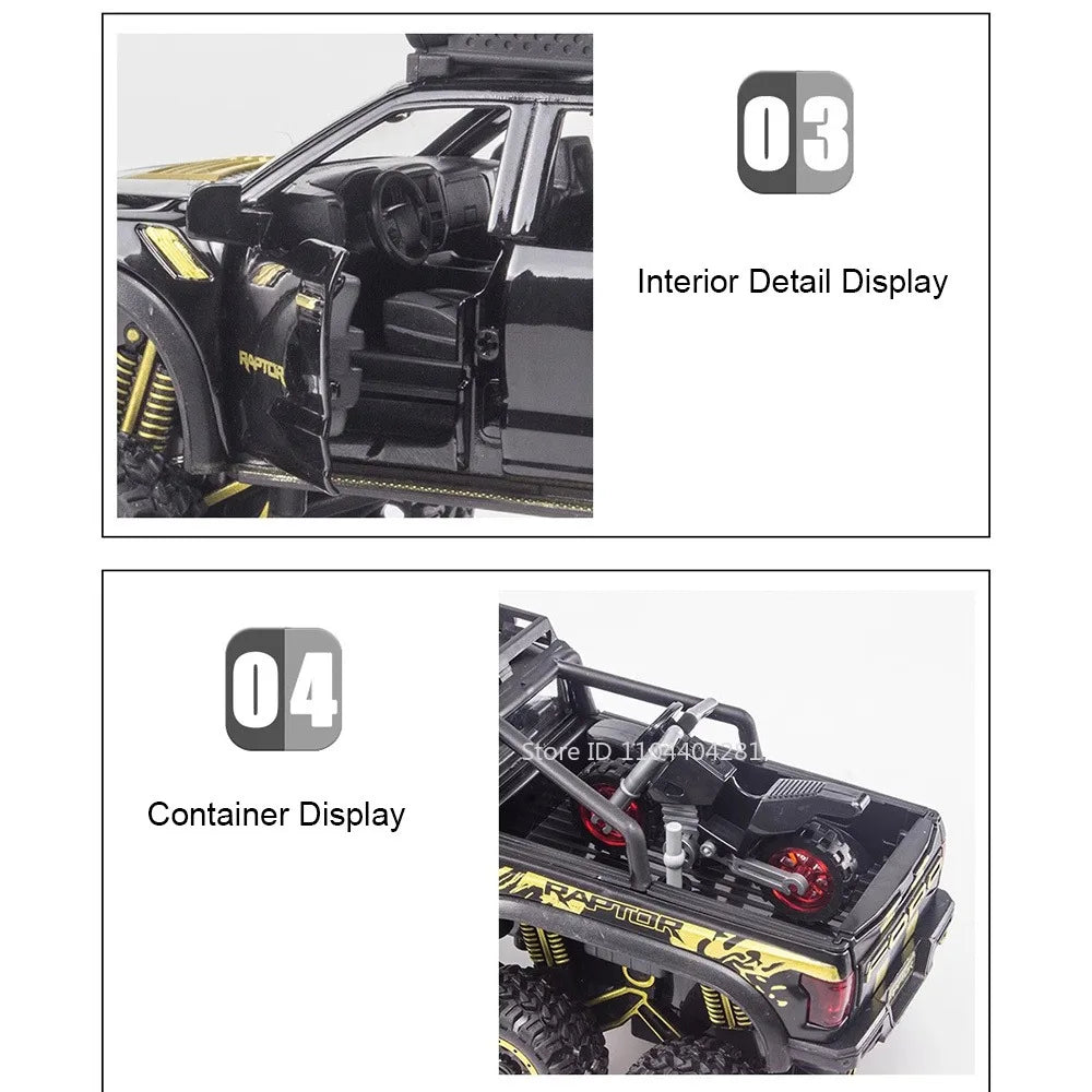 1:24 Mammoth F-150 Raptor Diecast Alloy Model Toy Car Doors Opened Sound Light Pull Back Miniature Vehice Adult Boy Fashion Gift