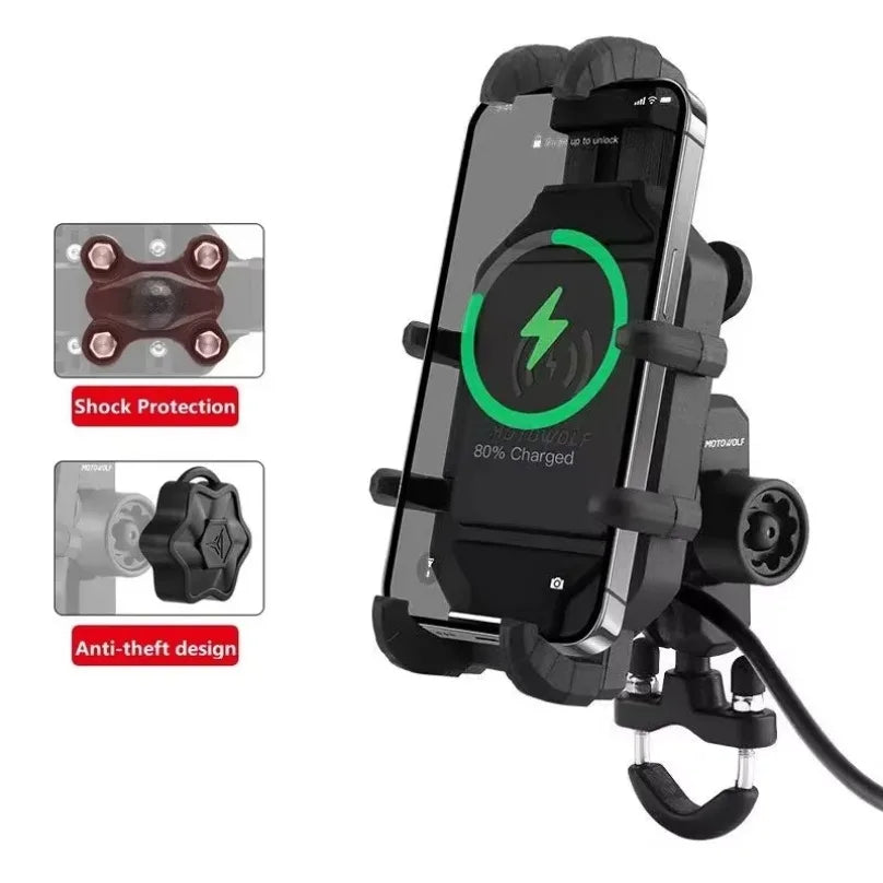 Anti-Thief Motorcycle Bike Mobile Phone Holder Fast 15W Wireless Charging Charger Cycling Mirror Stand Handlebar Mount