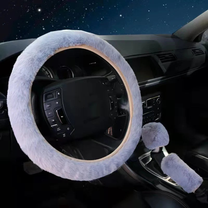 3 Piece Winter Plush Car Steering Wheel Handbrake Gear Shift Cover Set