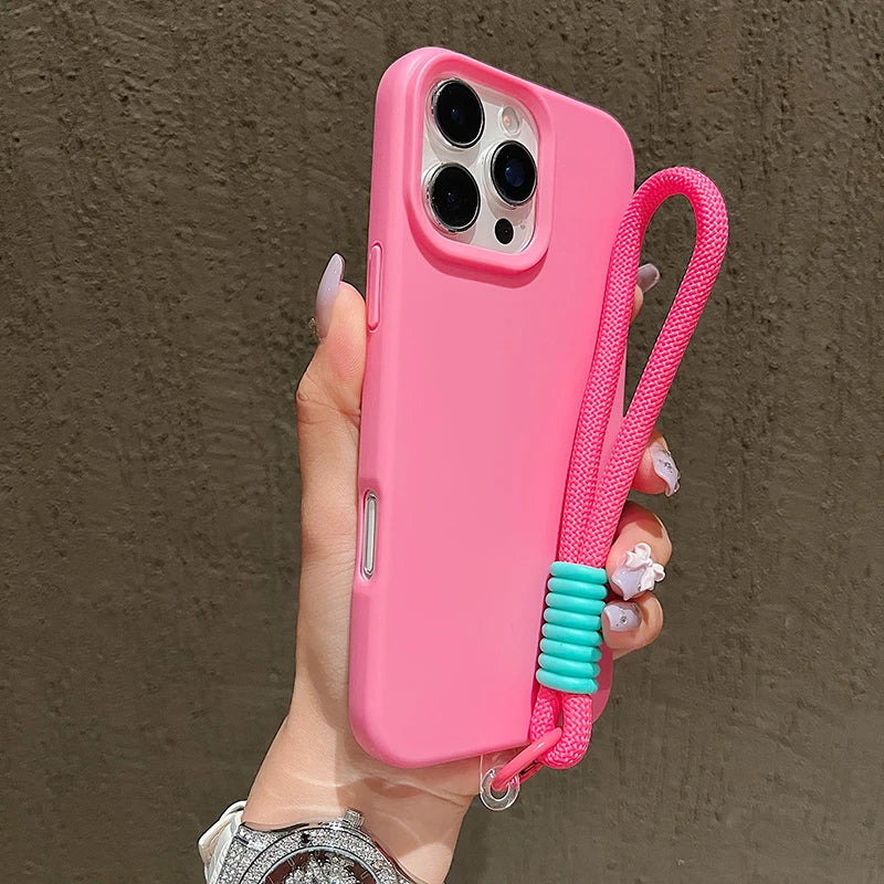 Dopamine-Inspired Silicone Solid Color Simple Phone Case for iPhone 17 16 Pro Max Air 16 Plus 15 14 With Lanyard Cover