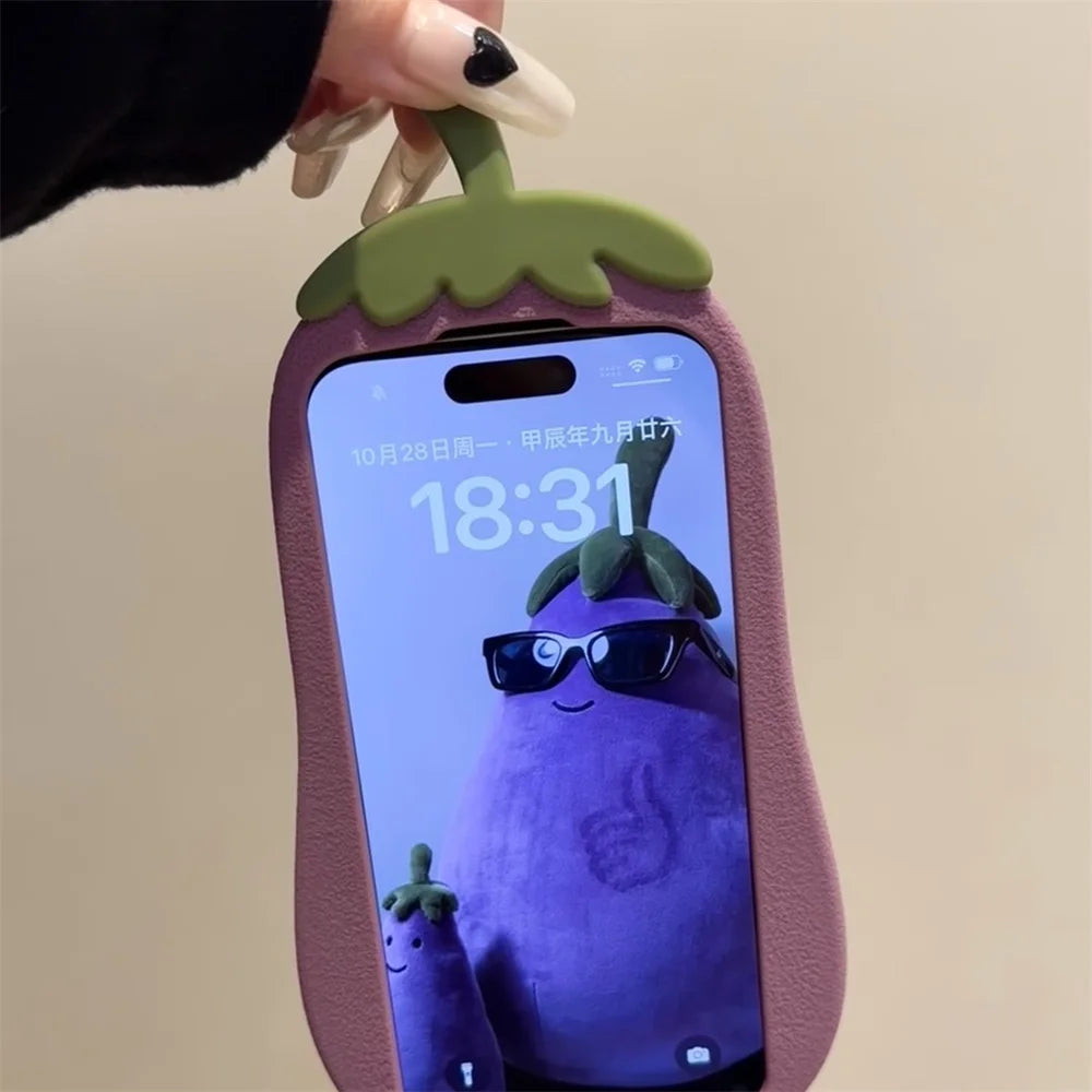 INS Cute Cartoon 3D Eggplant Funny Creative Phone Case For iPhone 16 15 14 13 Pro Max Vegetable Lovely Soft Silicone Back Cover
