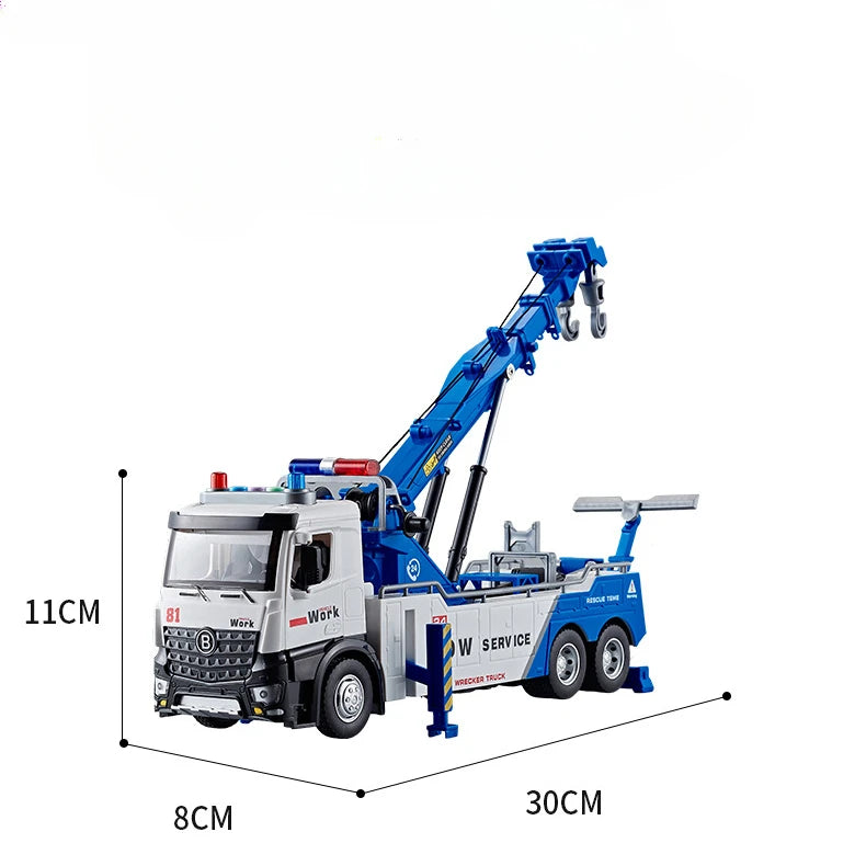 1/50 Scale Double Hook Rescue Crane Truck Alloy Model Toys Metal Diecast Engineering Vehicle Sound Light Gifts for Boys Birthday