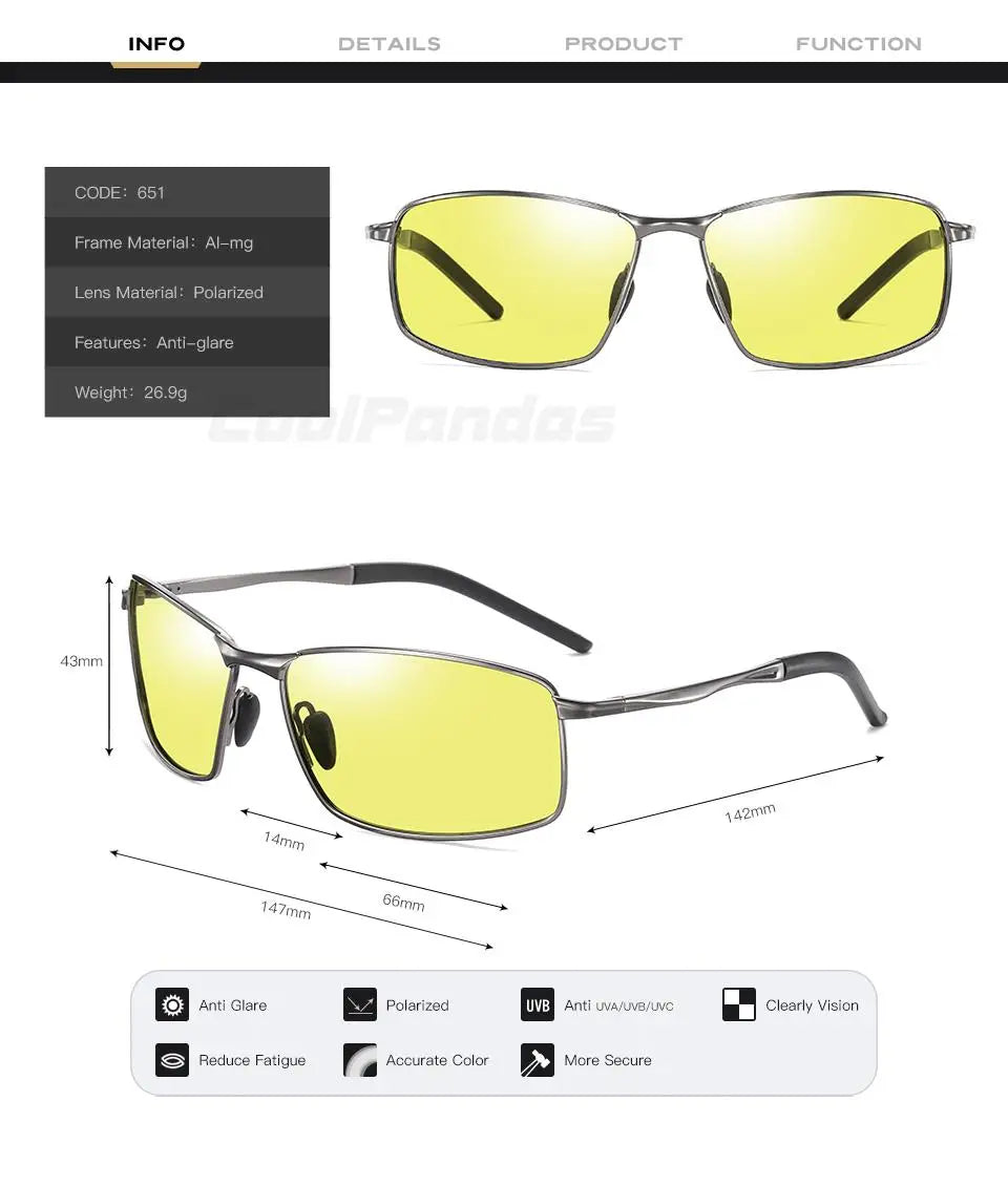 Aluminum Square Polarized Photochromic UV400 Day Night Driving Sunglasses for Men Women