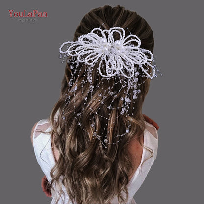 Pearl Flower Wedding Hair Comb Tassel Bride Headband Hair Accessories