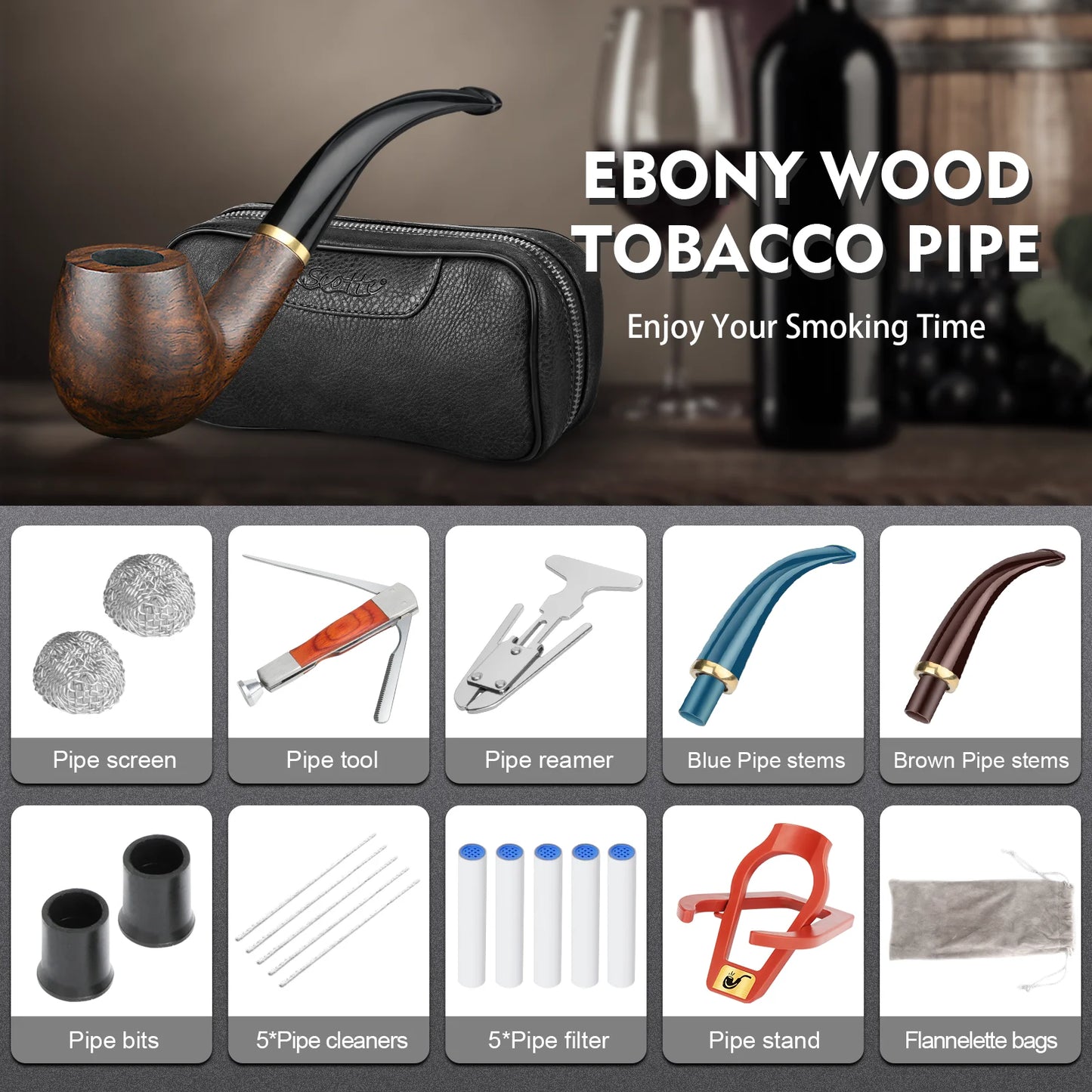 Leather Tobacco Pipe Bag Portable Multifunction Pu Leather Tobacco Pipe Case Tool Wood Tobacco pipe bag kit