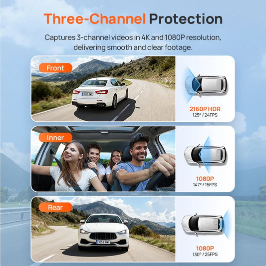 T800E 3‑Channel Dash Cam 4K Front + 1080P Rear & Interior Car DVR – HDR, GPS, WiFi 6, Voice Control, Supercapacitor