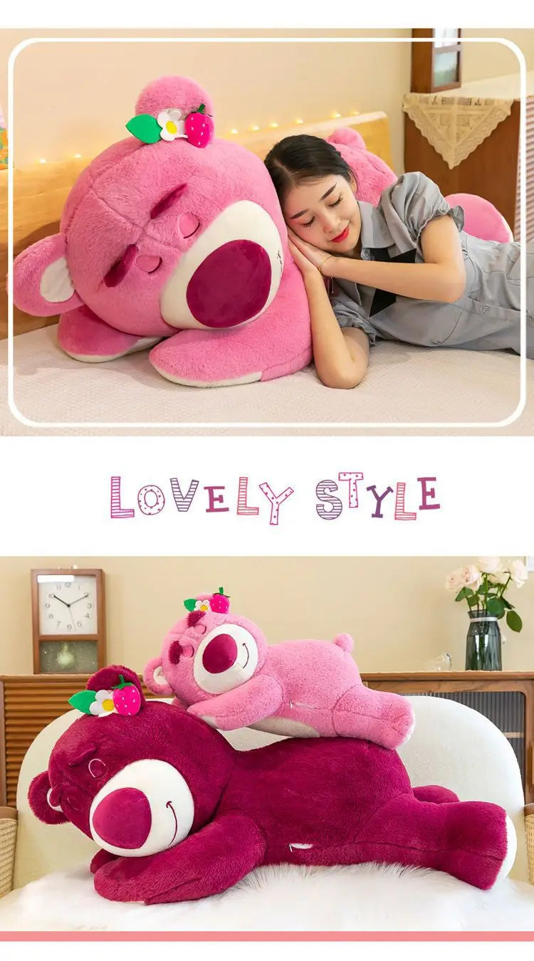 Kawaii Strawberry Bear Plush Stuffed Animal Lying Down Pillow