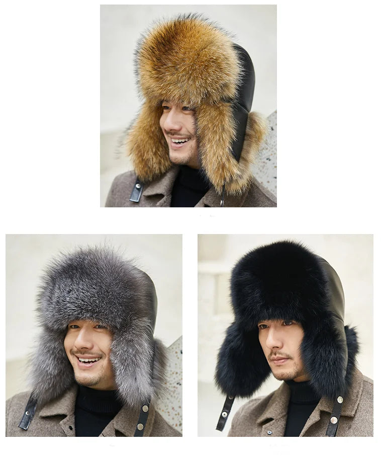 Fox Fur Cap Man Winter Genuine 100% Fur Bomber Hat Windproof Warm Earmuffs Male Flat Grey/Black Russian Hat Fitted Casquette