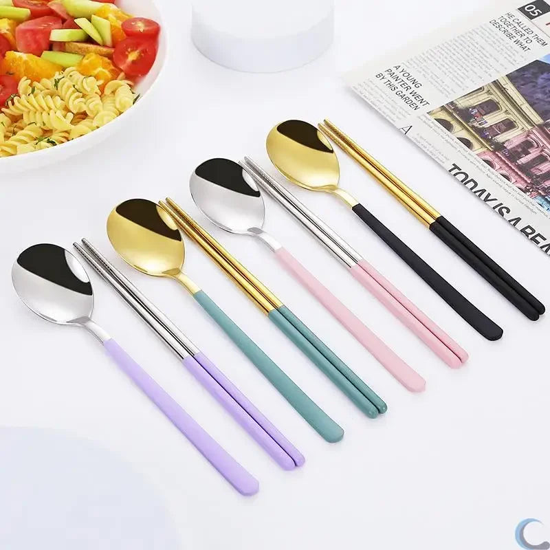 2/3Pcs Cutlery Set Fork Spoon Chopsticks Dinnerware Set 304 Stainless Steel Portable Travel Flatware Guitar Box