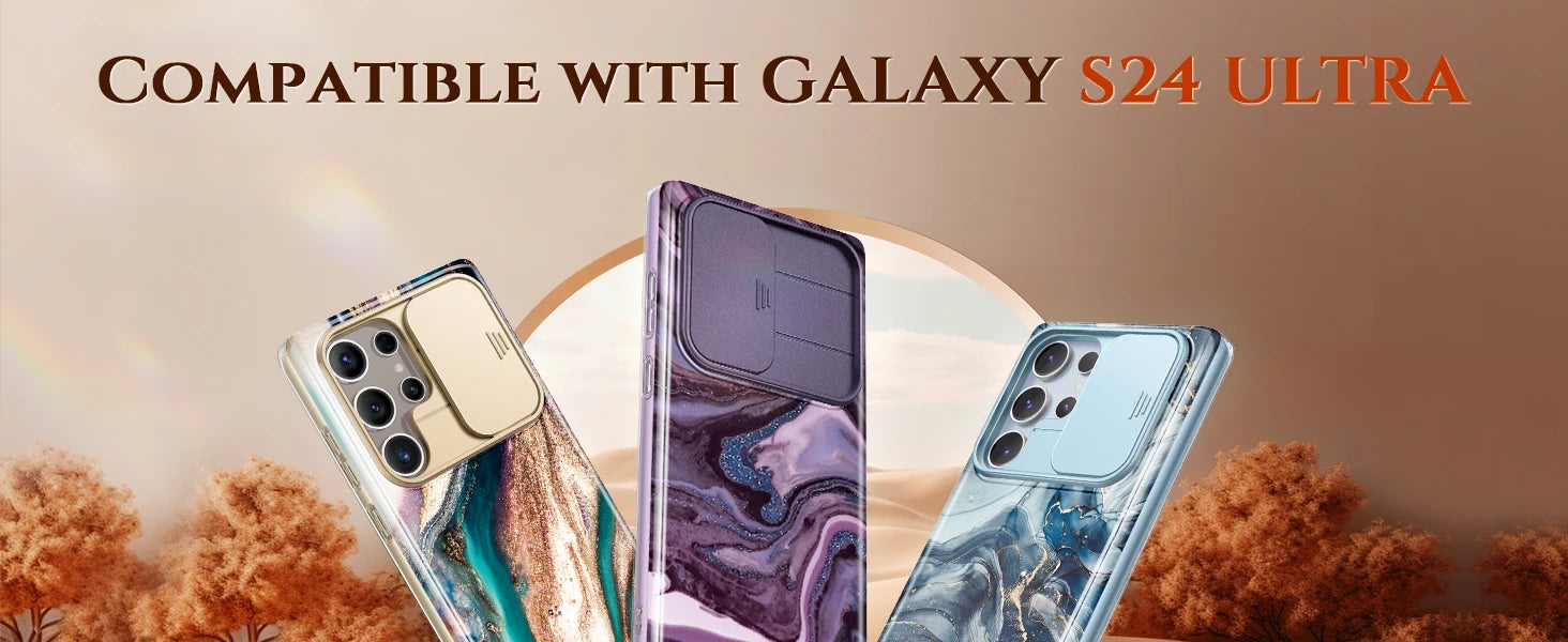 For Samsung Galaxy S24 Ultra Case with 2 Front Frames Slide Camera Lens Protection Heavy Duty Shockproof Marble Phone Case Cover