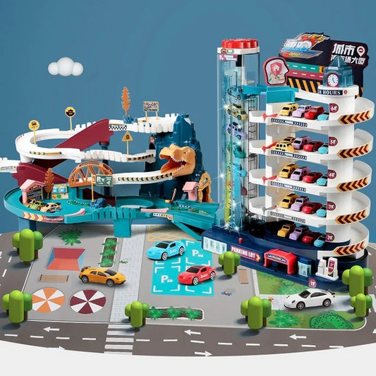 Electric Rail Car Dinosaur Building Parking Lot Adventure Racing Rail Car Toys Brain Mechanical Interactive Rail Cars