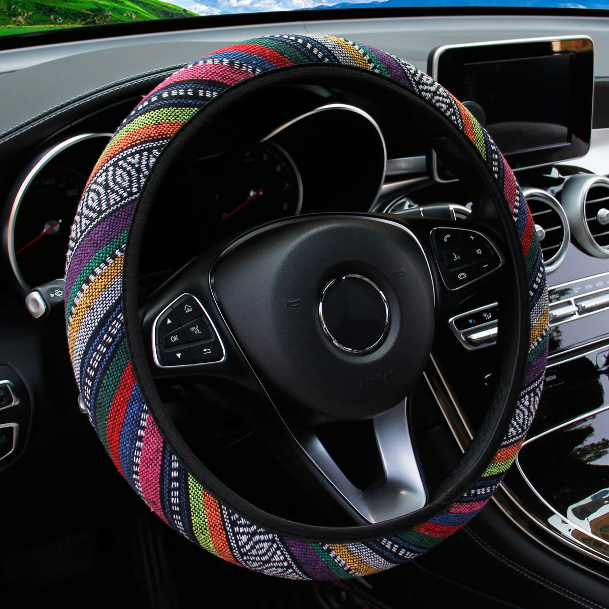 Bohemian Linen Fabric Car Steering Wheel Cover 37CM 38CM