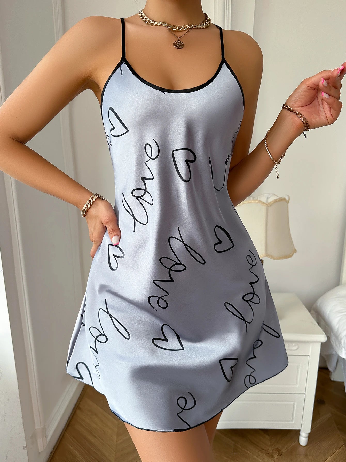 Heart Letter Print Nightdress  Casual Round Neck Spaghetti Strap Sleep Dress  Women's Sleepwear   Dresses