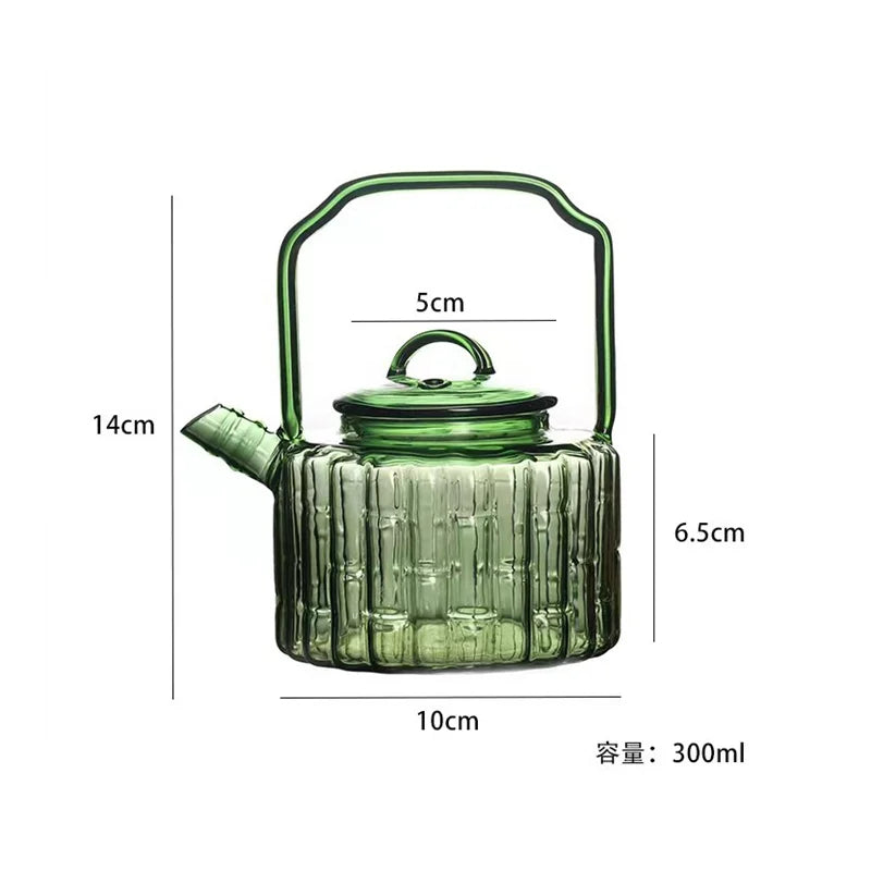 Green Bamboo Shape Glass Teapot with Built In Filter