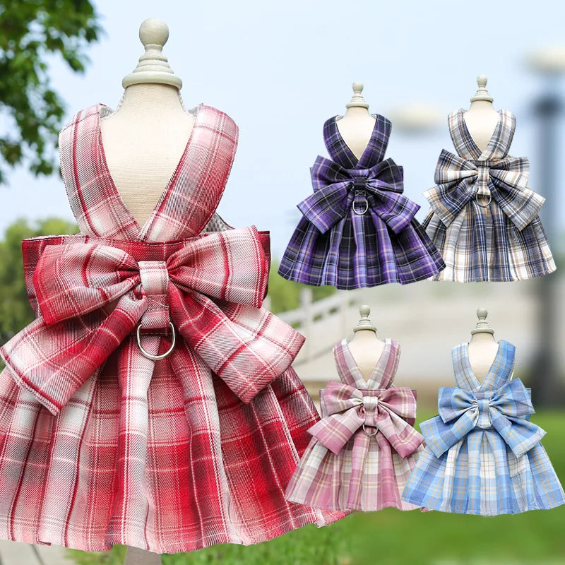 Dog Dress Harnesses with Leash Set Plaid Puppy Girl Skirt Doggy Dresses with Leash Ring Doggie Clothes for Small Medium Dogs