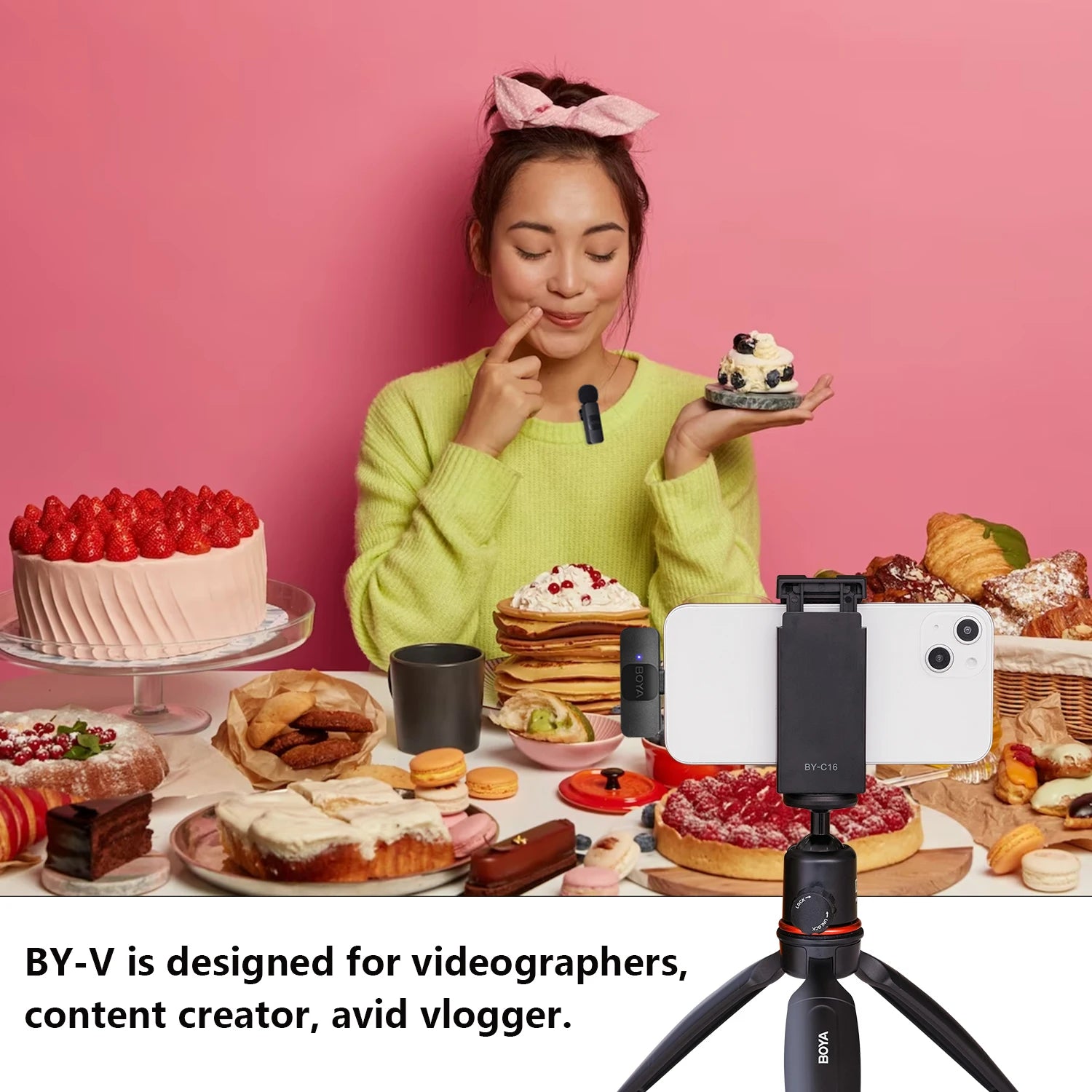 BY-V Wireless Lavalier Microphone for iPhone 15/16 Series Samsung TECNO REDMI Type-c Devices Video Recording Streaming Vlog