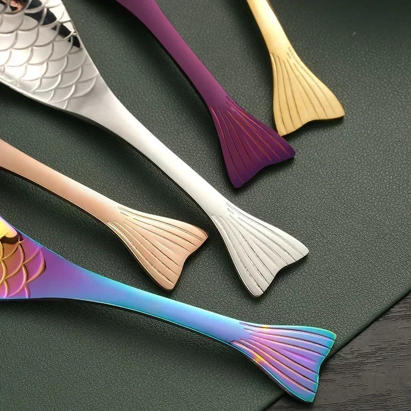 Cute Fish-Shaped Stainless Steel Soup Spoon, Food Grade Cutlery for Ice Cream Desserts, Creative Mermaid Spoon Kitchen Tableware
