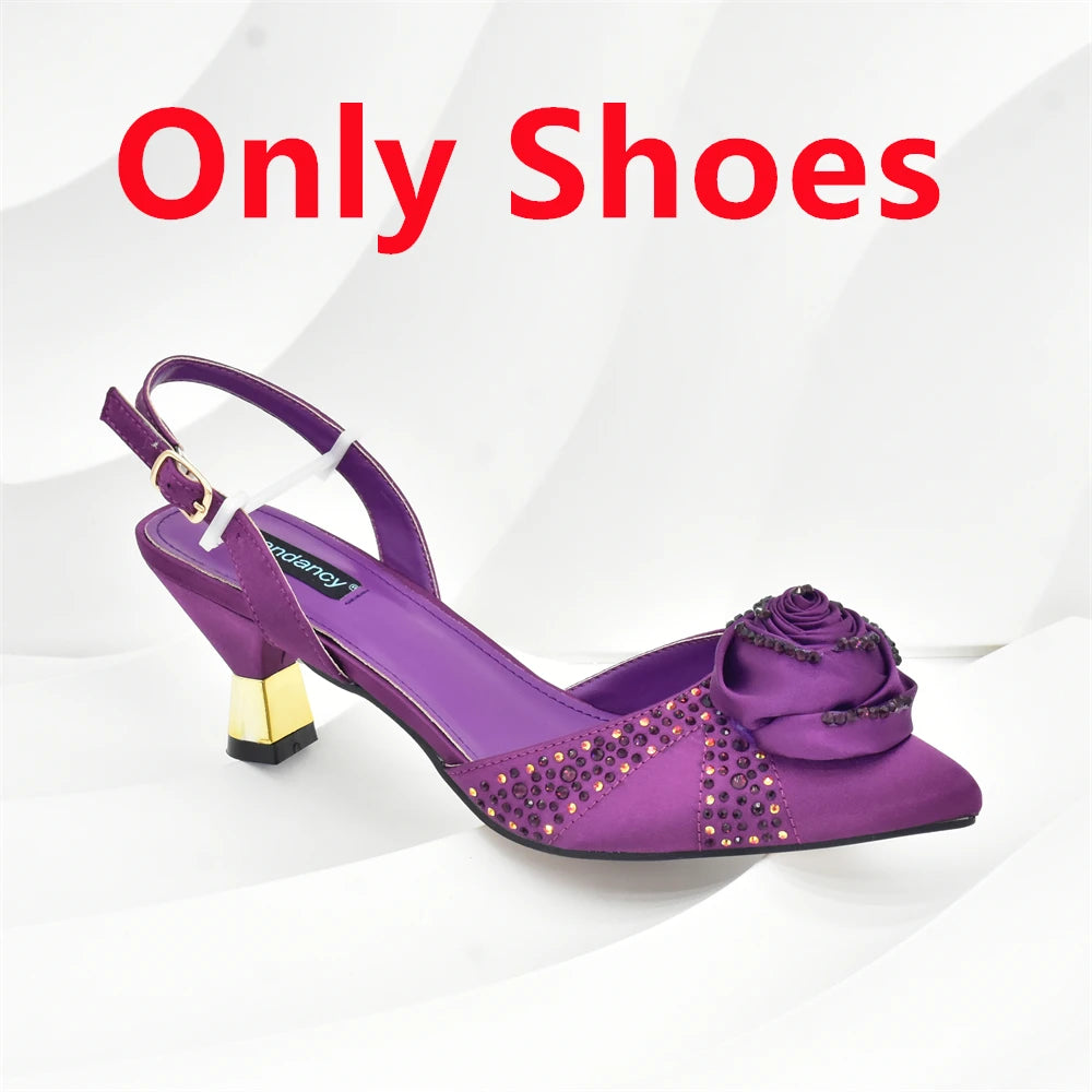 Italian Wedding Matching Shoes and Bags Decorated with Handmade Flowers Diamonds Pointed Toe Women Pumps with Purse