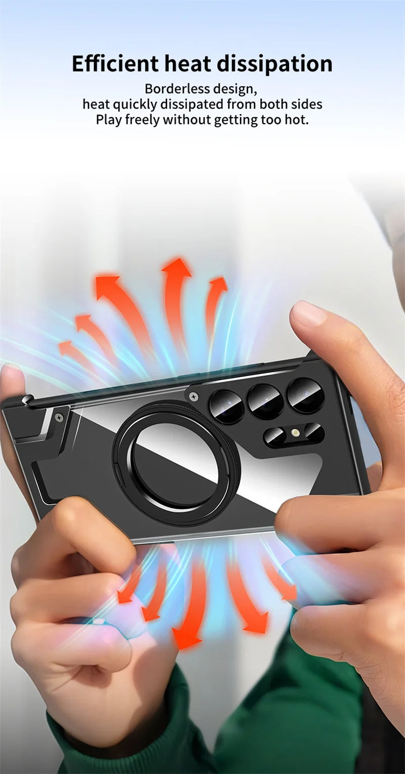 Luxury Metal 360 ° frameless Phone Case For Samsung S 24 23 Ultra Transparent Rotating Bracket Anti Drop Airbag Phone Case