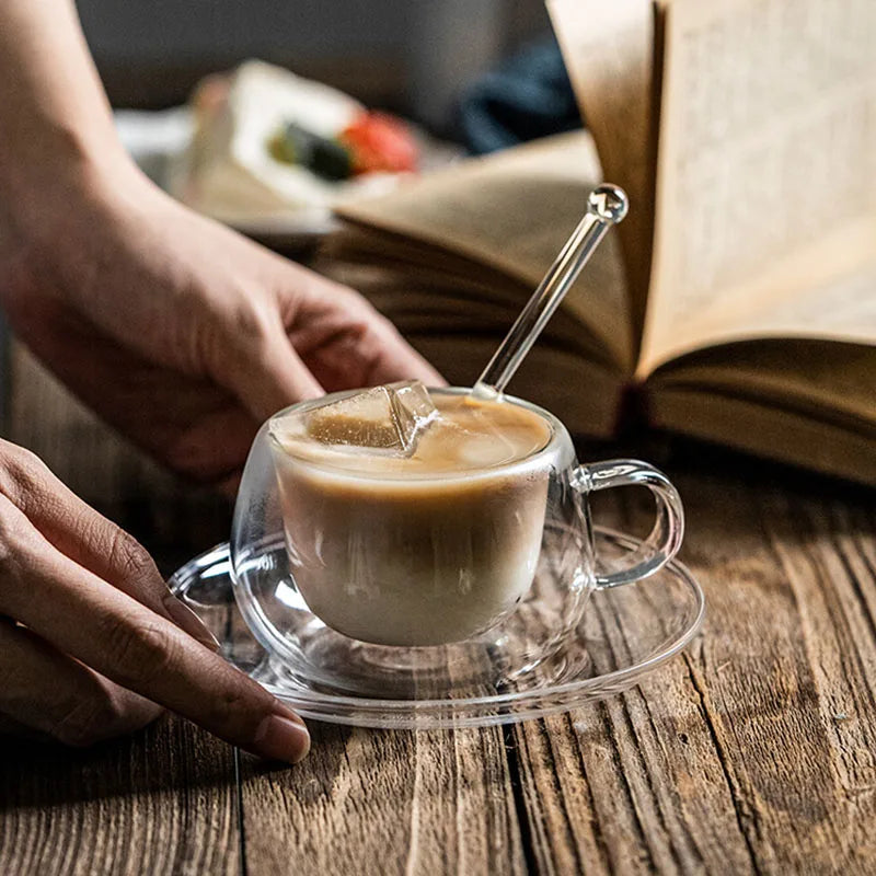 180/250ml Double Wall Glass With Dish And Spoon Clear Glass Espresso Cups Set Heat Resistant Handle Coffee Mug Drinkware