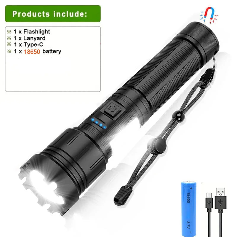 Rechargeable LED Flashlight With Magnetic Base Zoom And Power Display