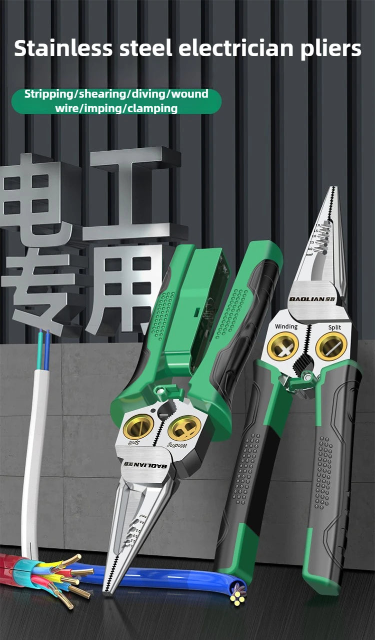 Multifunctional Wire Stripper Electrician's Pliers 8-in-1 Stainless Steel Needle-nose Pliers with Wire Measuring Hand Tools