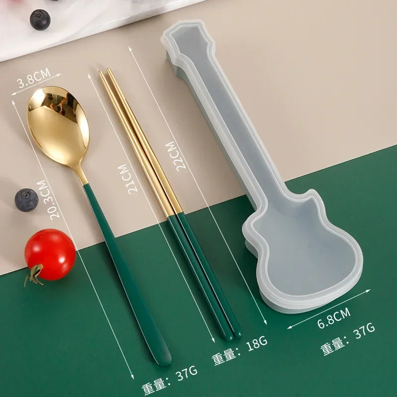 2/3Pcs Cutlery Set Fork Spoon Chopsticks Dinnerware Set 304 Stainless Steel Portable Travel Flatware Guitar Box