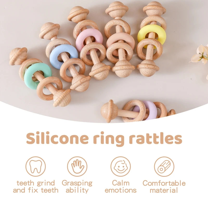 1pc Baby Toys Beech Wooden Rattle Hand Bells Toys Of Newbron Montessori Educational Toys Mobile Rattle Wooden Ring Baby Products