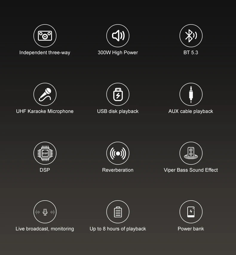 BMTL WOW MAX 300W Powerful Portable Speaker with 2 Wireless Microphones 3-way PA System Support Power Bank AUX/USB/TF/OTG