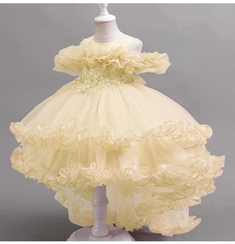Luxury Off-Shoulder Girls' Dress - Convertible Tulle Ball Gown for Birthday Parties & On-Stage Events