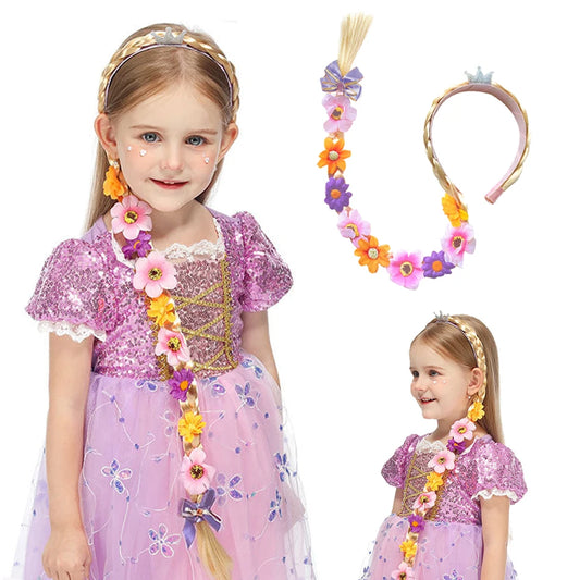 Princess Girls Flowers Headband Flower Fary Dress Up Weaving Long Braid Wig Headband Kids Halloween Rapunzel Cosplay Head Wear