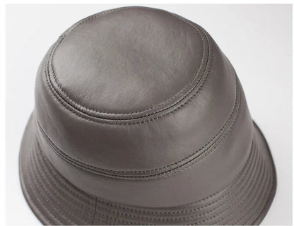 Bucket Hat Big Sun Shade 100% Genuine Leather Fisherman Caps Female Chic Grey Basin Casquette Street