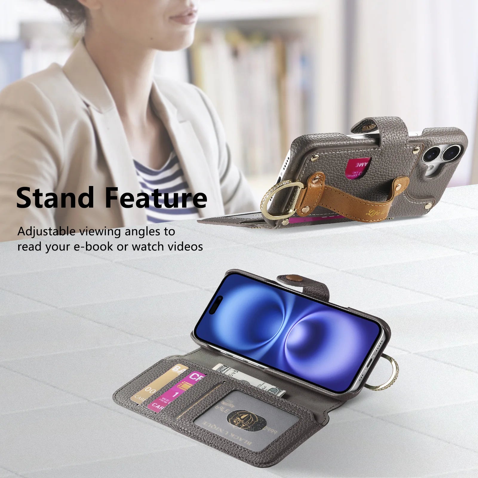 Wallet Flip Case for iPhone 16 15 Pro Max 14 Plus 16Pro 14Pro 15Pro Leather Strap Card Slots Zipper Cover