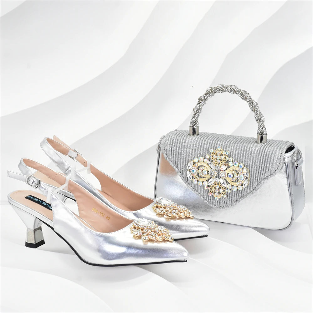 Latest Party Shoes and Bags To Match for Nigerian Luxury Pointed Toe Shoes with Rhinestones Party Ladies Shoes and Bag Set