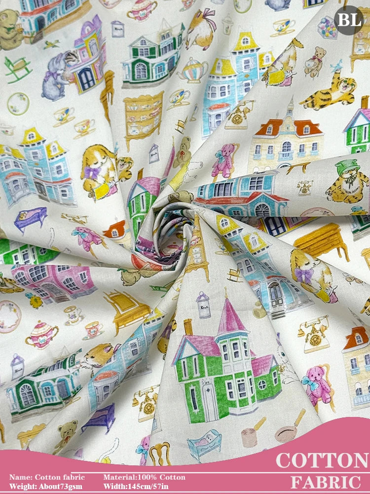 100% cotton Hokkoh-Doll house Milky tana lawn fabric 80s Poplin printing Sewing fabric Making Dress Clothing Handmade DIY Cloth