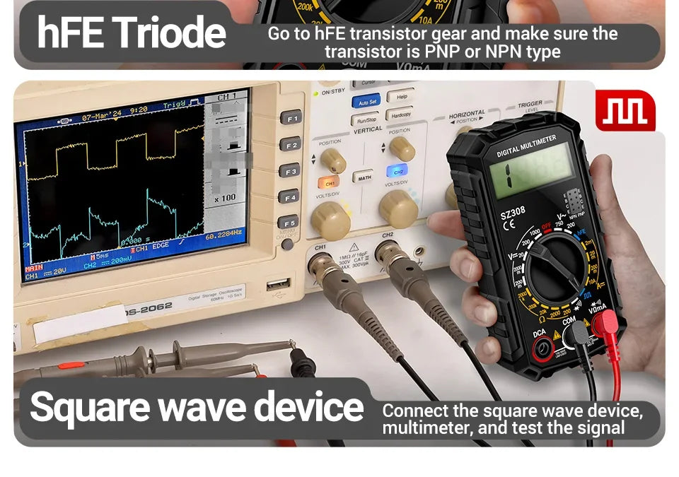 Square Wave Digital Multimeter 1999 Counts HFE Triode Buzzer Tester AC/DC Voltage 10A Current Multimeters Meter Tool