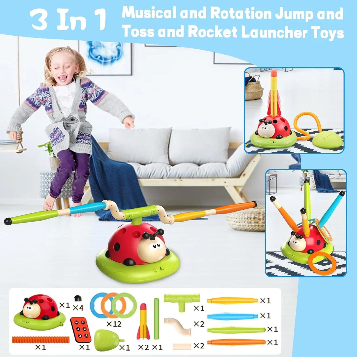 3 in 1 Ladybug Multifunction Exercise Machine Kids Jump Toss Toys Rocket Launcher Rope Sports Game Outdoor Educational Toy Gifts