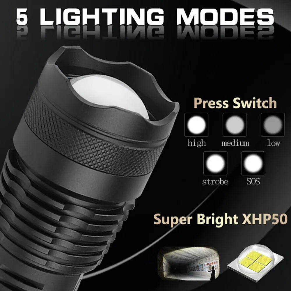 XHP70.2 LED Flashlight Rechargeable Zoom Tactical Torch USB Waterproof Camping Hunting Light
