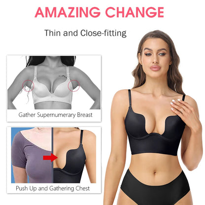 Plunge Bra Deep U Push Up Underwear Women Invisible Low Cut Backless Shapewear Padded Wedding Lingerie Multi-way Bralette