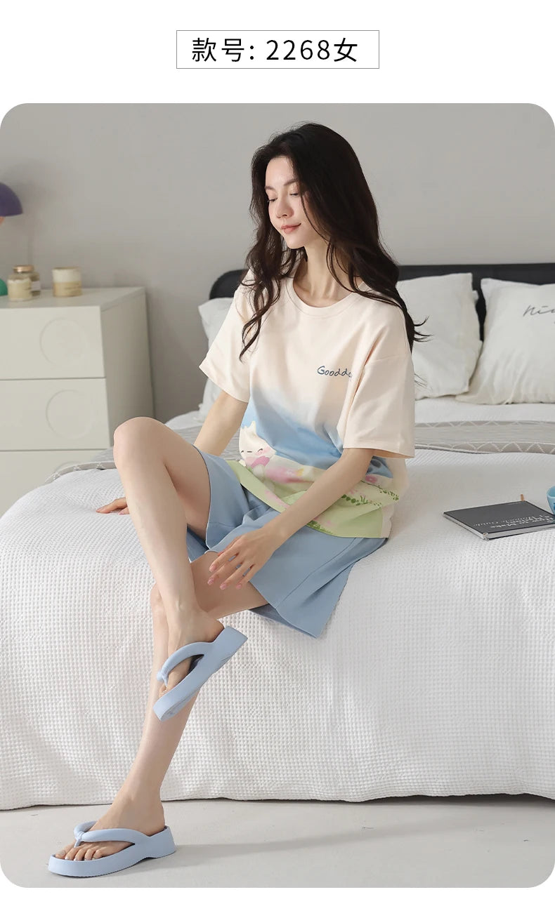 2-Pcs Women’s Cotton Pajama Set – Breathable Short Sleeve Summer Sleepwear with Cute Prints