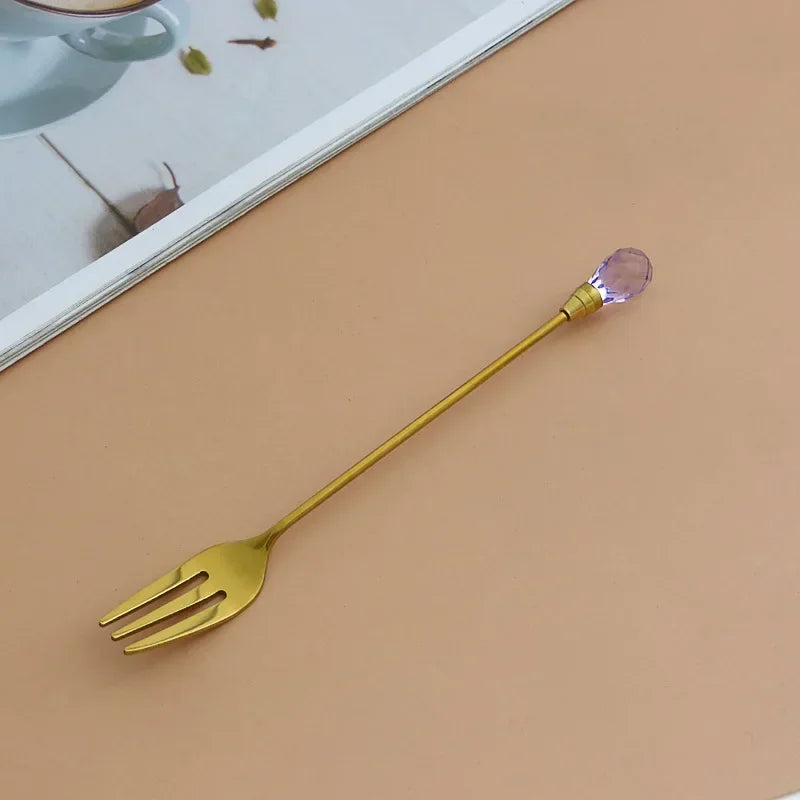 Stainless Steel Diamond Coffee Spoon and Fork Set Creative Crystal Long Handle, Perfect for Desserts, Ice Cream, Cake, and Fruit
